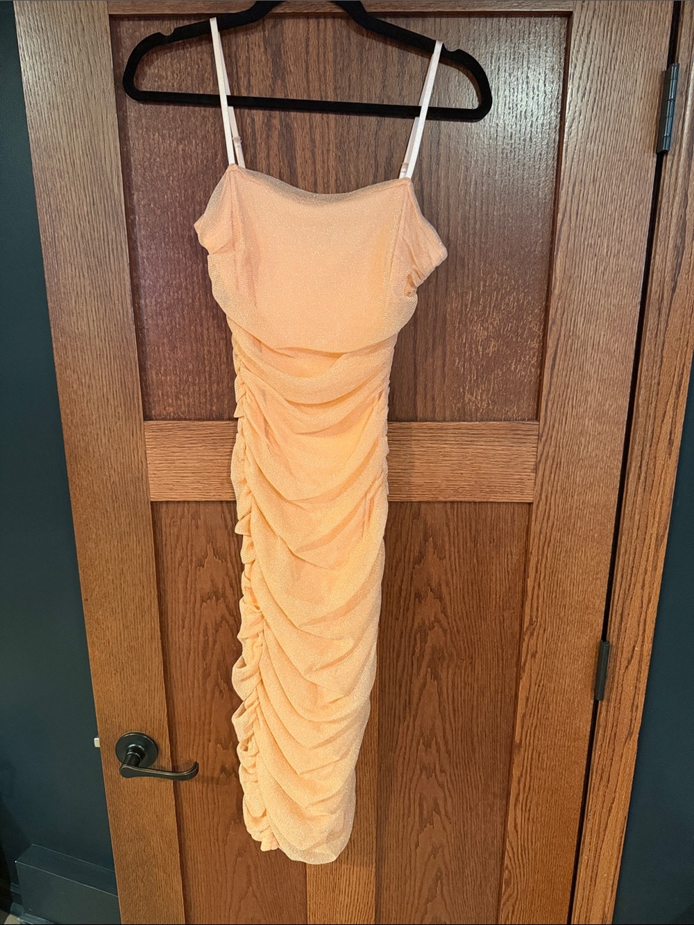 Lulu's Peach Ruched Midi Slip Dress with Spaghetti Straps